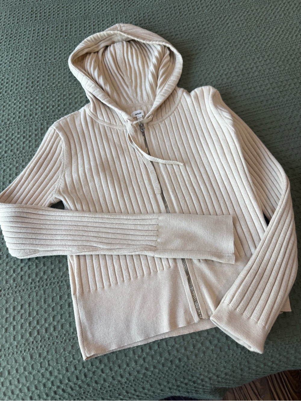 aerie Ribbed Zip Hoodie Sweater in Cream